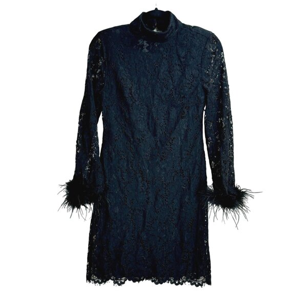 Cache Black Lace Dress Feather Cuffs Open Back XXS - Picture 1 of 7